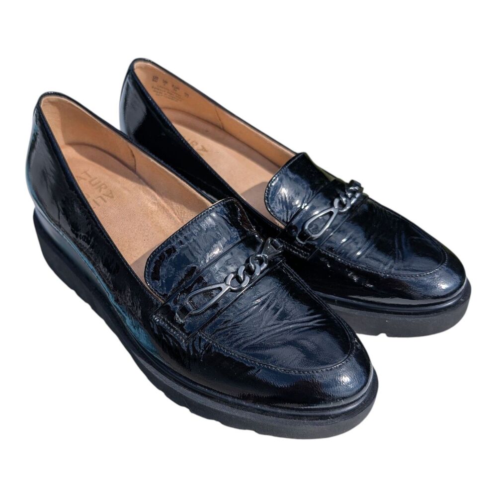 Naturalizer Women's 8 September Wedge Loafer Black Patent Leather Chunky Chain